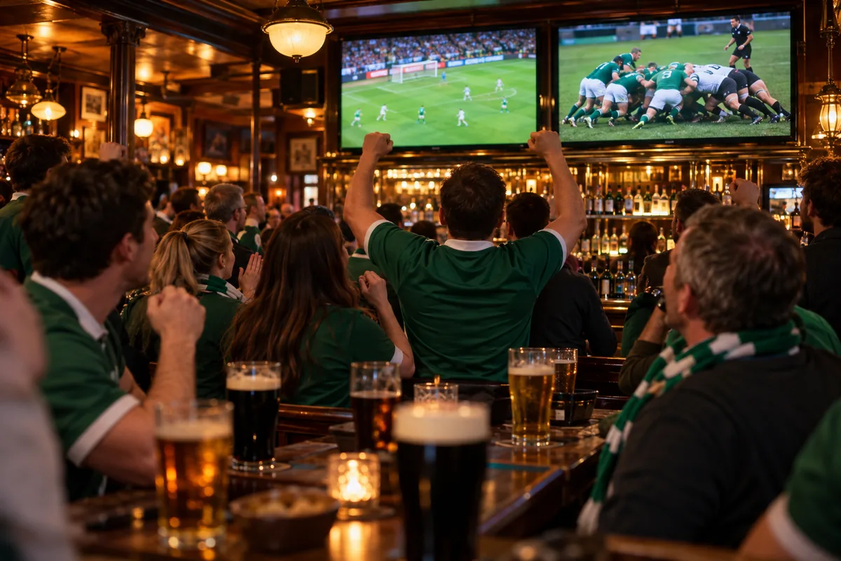 Fans in green watching Ireland on the big screen in a crowded Irish pub